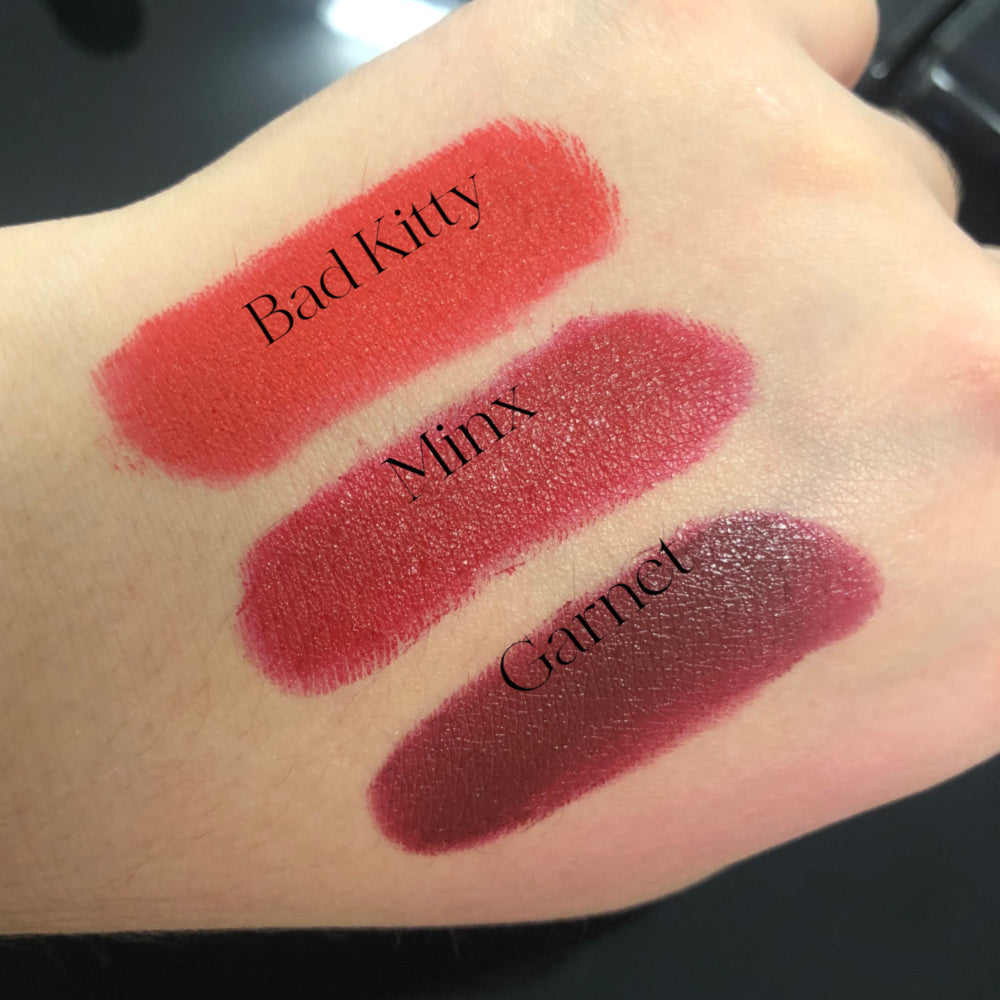 Red Lipstick swatches.  Makeup made in New Zealand